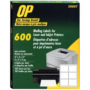 Labels OP Brand Laser Sheet 4x3-1/3" Permanent 600/bx