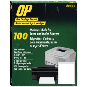 Labels OP Brand Laser Sheet 8-1/2 x 11" Permanent 100/bx