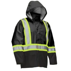 Hi-Vis Rain Jacket Black with Snap-Off Hood Small