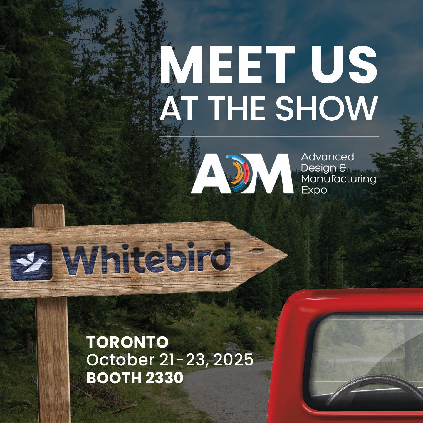 A Whitebird-branded image showing information about the Advanced Design & Manufacturing Expo in Toronto.